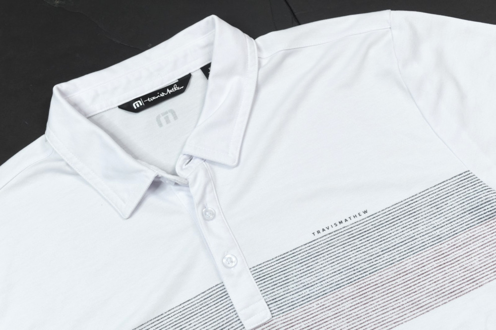 Travis Mathew Polo Shirt Mens XL White Stripe Classic Fit Short Sleeve Stretch